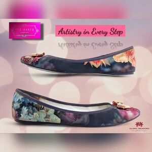 Ted Baker London IMME 2 Sz 9.5  Vibrant Floral Purple Ballet Flats Rosegold Bows